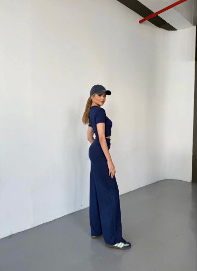 Osy Modal Yumuşak Dokulu Kumaş Kısa Kollu Crop Rahat Pantalon Ikili Takım - Lacivert resmi
